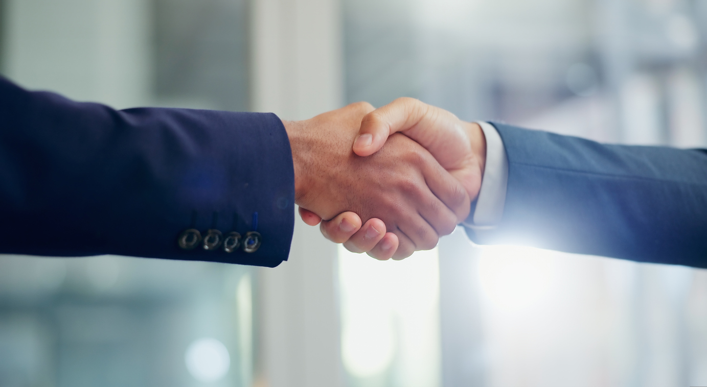 Employees, handshake and thank you for interview in office, meeting and congratulations for hiring. Partnership, introduction and b2b collaboration in merger, networking and onboarding for support